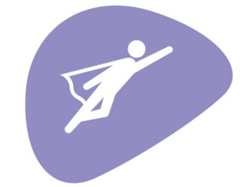 Führung entwickeln Vor einer violetten organischen Form liegt ein weißes fliegendes Superheldenfigürchen mit Cape
