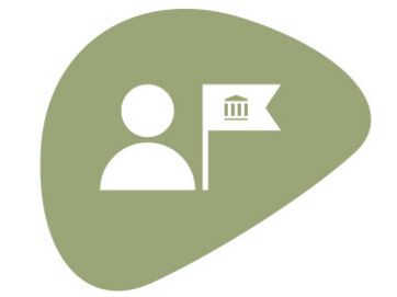 Führung reflektieren Vor einer organischen olivfarbenen Form liegt ein weißes Personensymbol mit einer Flagge, in der ein klassizistisches Gebäude abgebildet ist